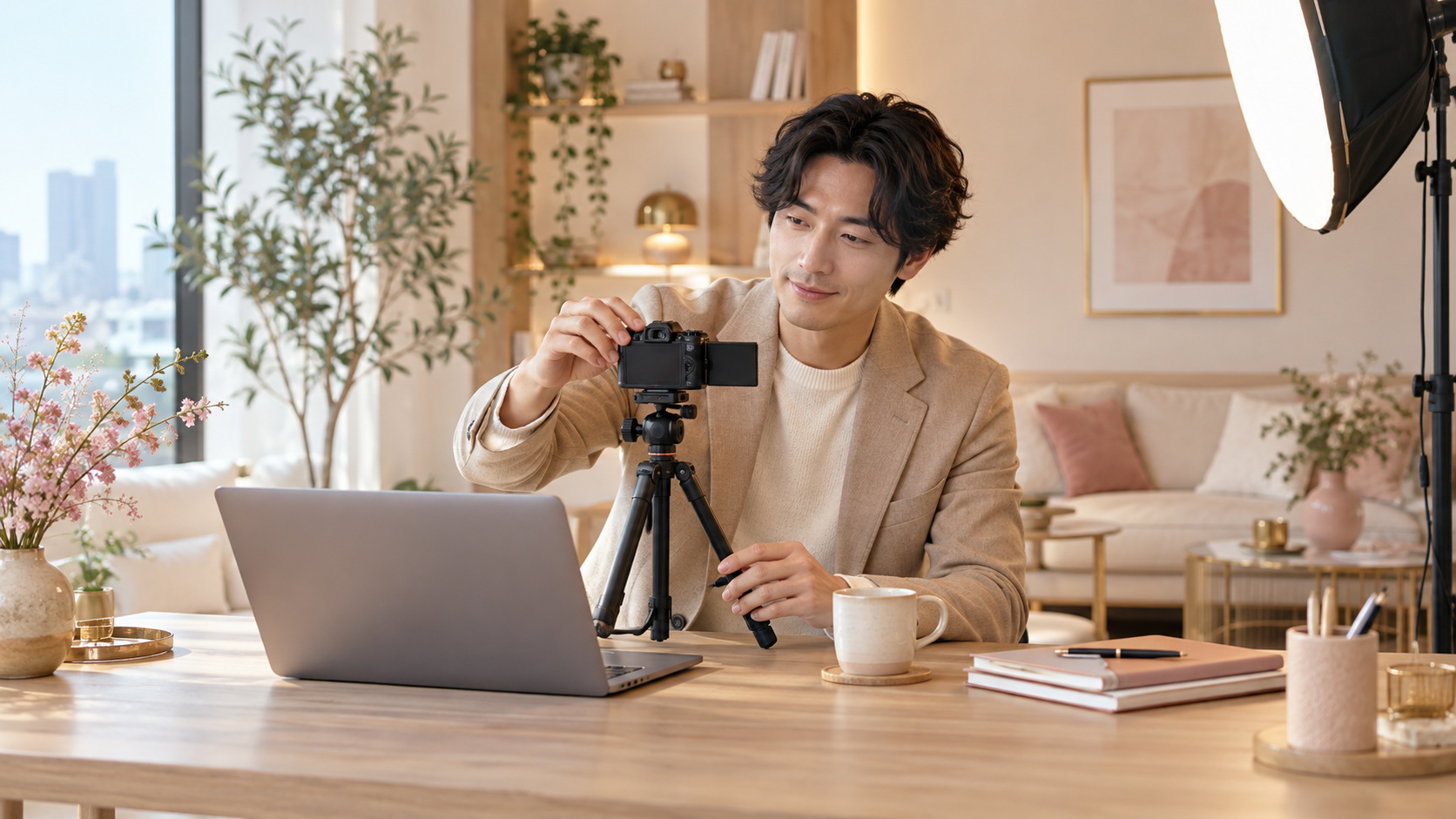 カメラとパソコンを使い、SNS動画の撮影を準備する男性のイメージ